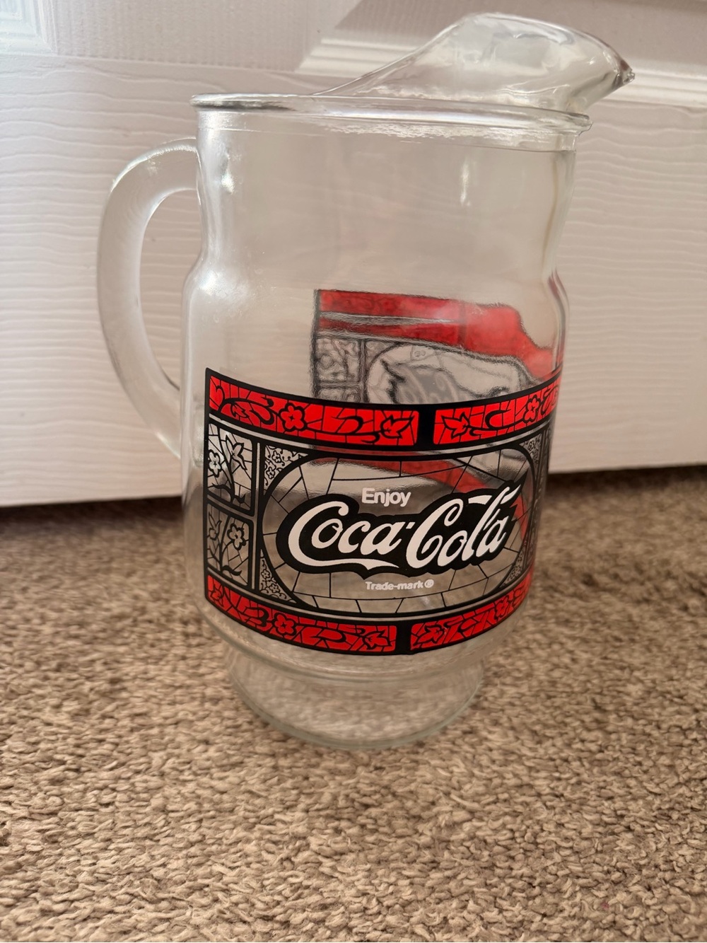 Coca-Cola Red and Black Glass Pitcher with Logo